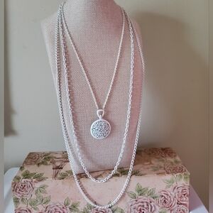 Vintage White Enamel Necklace Long Multi Chain Medallion Pendant